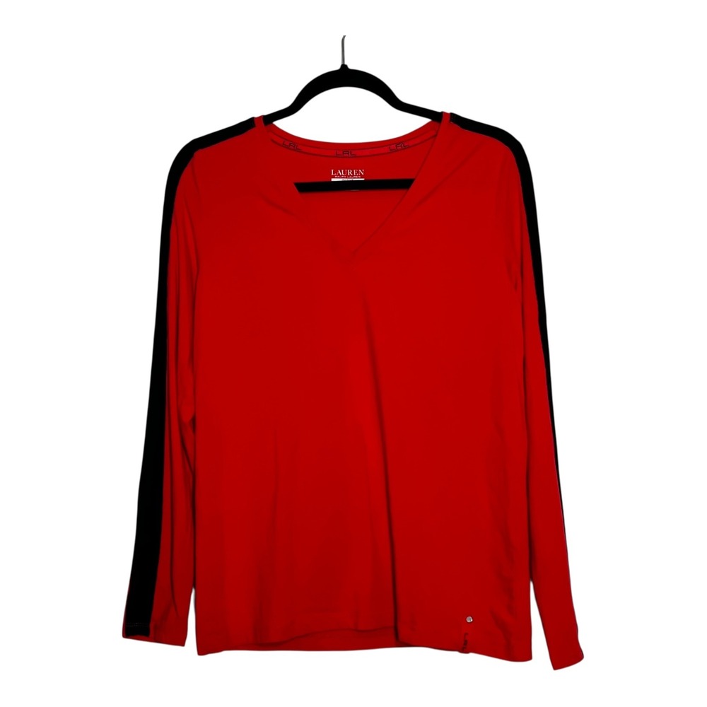 Lauren Ralph Lauren Active Womens Red Black Stripe V-Neck‎ Long Sleeve Shirt M